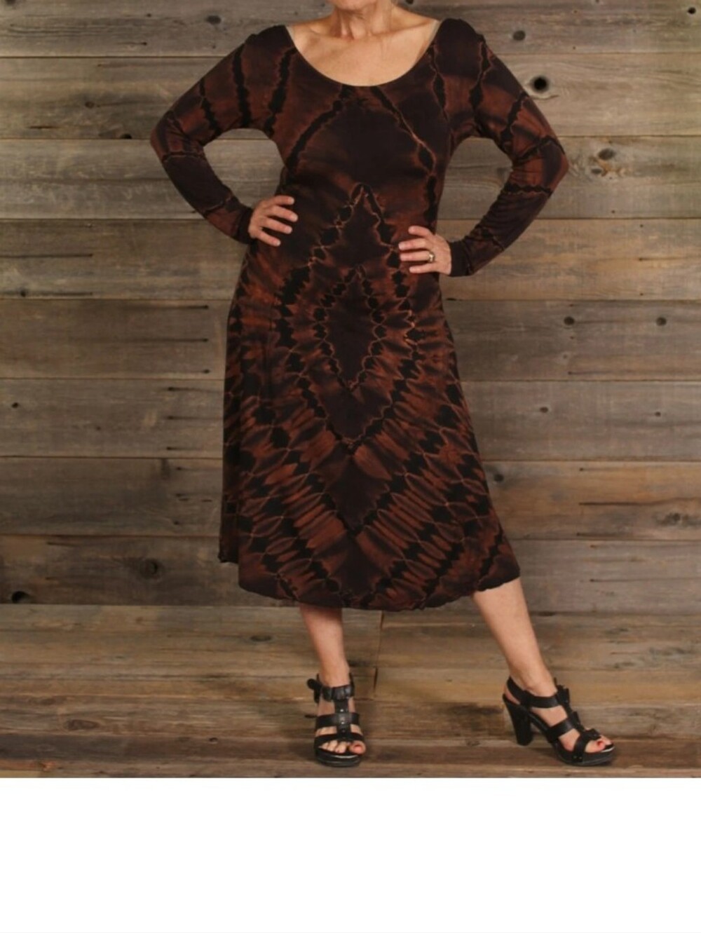 Jayli Brown Tie-Dye Long Sleeve Midi Dress